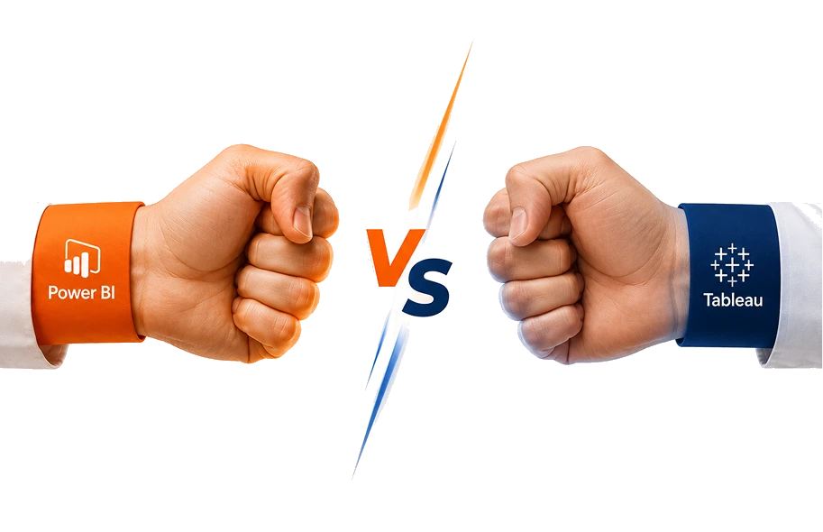 Two fists in orange "Power BI" and navy "Tableau" wristbands facing off with a VS mark between them, representing a Power BI vs Tableau comparison