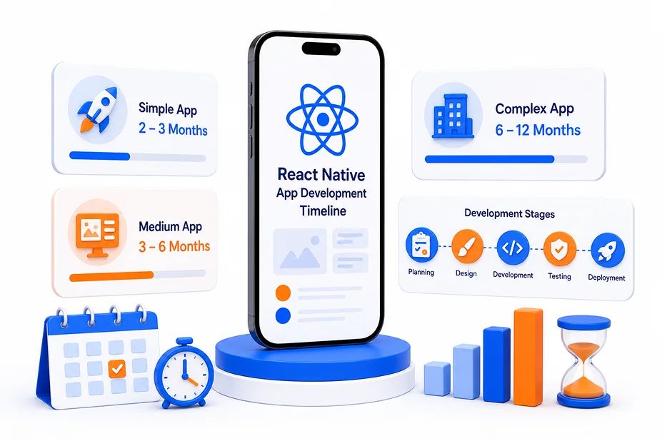 Illustration of a React Native app development timeline showing a Simple App at 2-3 months, a Medium App at 3-6 months, and a Complex App at 6-12 months, alongside icons for the discovery, design, development, testing, and deployment stages