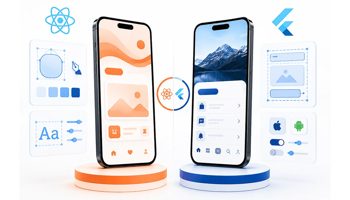 Side-by-side React Native and Flutter app mockups on phone screens, representing a head-to-head comparison
