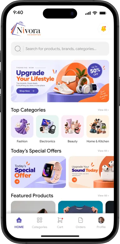 Nivora customer app home screen with product search, categories, and offers