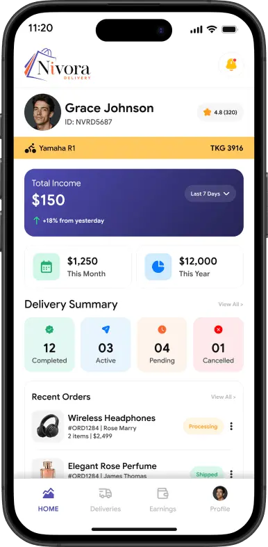 Nivora delivery app screen showing delivery partner income and recent orders