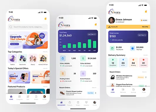 Nivora customer, business, and delivery app screens on mobile devices