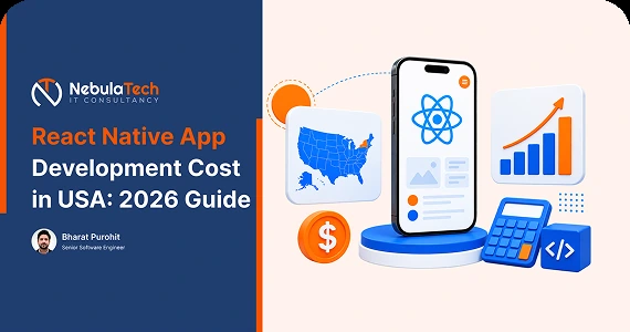 A smartphone displaying the React Native logo, surrounded by a US map, an upward growth chart, a calculator, a code icon, and a dollar coin, representing React Native app development cost in the USA